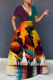Multicolor Figure Print V Neck Short Sleeve Casual Vacation Maxi Flowy Dresses
