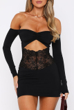 Black Off Shoulder Long Sleeve Hollow Out Night Club Lace Bodycon Mini Dresses