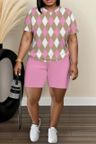 White Blue Graphics Print O Neck Short Sleeve Oversize T Shirt And Shorts Set Sportwear Plus Size Two Piece Matching Set