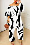 White Black Graphics Print Off Shoulder Long Sleeve Casual Vacation Harem Leg Jumpsuits