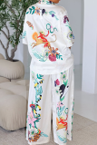 White Graphics Print Turndown Collar Half Sleeve Buckle Blouse And Wide Leg Pants Casual Vacation Two Pieces Trouser Sets