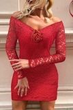 Red 3D Flowers Decor Backless Off Shoulder Long Sleeve Formal Evening Party Prom Lace Bodycon Mini Dresses