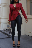 Red Turn-back Collar Long Sleeve Hollow Out Buttons Irregular Casual Blazer Jackets