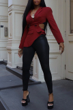 Red Turn-back Collar Long Sleeve Hollow Out Buttons Irregular Casual Blazer Jackets