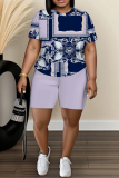 White Blue Graphics Print O Neck Short Sleeve Oversize T Shirt And Shorts Set Sportwear Plus Size Two Piece Matching Set