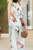 White Graphics Print Turndown Collar Half Sleeve Buckle Blouse And Wide Leg Pants Casual Vacation Two Pieces Trouser Sets