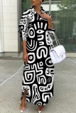 Black White Graphics Print Turndown Collar Long Sleeve Buttons Casual Vacation Maxi Shirt Dresses