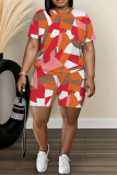 White Graphics Print O Neck Short Sleeve Oversize T Shirt and Shorts Sportwear Plus Size Two Piece Matching Set