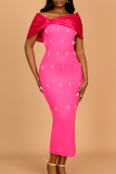 Rose Red Off Shoulder Satin Shawl Sleeve Bead Decor Slit Formal Cocktail Party Prom Bodycon Maxi Dresses