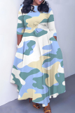 White Graphics Print O Neck 3/4 Sleeve Belted Pockets Long Vacation Casual Pleated A Line Maxi Dresses