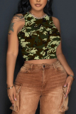 Apricot Graphics Print Sleeveless O Neck Casual Tank Crop Tops