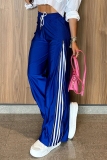 Blue Striped Print Zipper High Waist Casual Sportwear Wide Leg Sweatpants