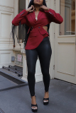 Red Turn-back Collar Long Sleeve Hollow Out Buttons Irregular Casual Blazer Jackets