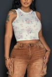 Apricot Graphics Print Sleeveless O Neck Casual Tank Crop Tops