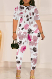 Pink Graphics Print O Neck Short Sleeve T-shirt And Skinny Pants Casual Two Pieces Trouser Sets