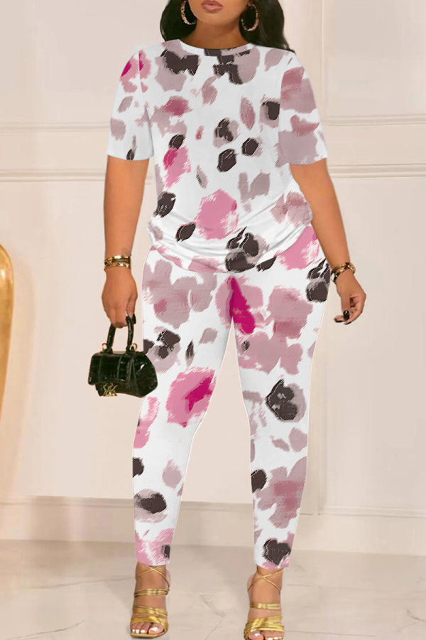 Pink Graphics Print O Neck Short Sleeve T-shirt And Skinny Pants Casual Two Pieces Trouser Sets
