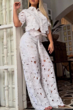 White Floral Cut-Out Turndown Collar Flutter Sleeve Crop Top and Wide Leg Pant Summer Outings Vacation Two Pieces Trouser Sets