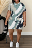 Brown Graphics Print O Neck Short Sleeve Oversize T Shirt and Shorts Sportwear Plus Size Two Piece Matching Set