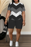 Dark Blue Graphics Print O Neck Short Sleeve Oversize T Shirt and Shorts Sportwear Plus Size Two Piece Matching Set