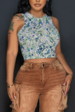 Apricot Graphics Print Sleeveless O Neck Casual Tank Crop Tops
