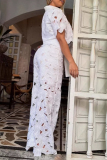 White Floral Cut-Out Turndown Collar Flutter Sleeve Crop Top and Wide Leg Pant Summer Outings Vacation Two Pieces Trouser Sets