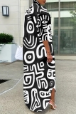Black White Graphics Print Turndown Collar Long Sleeve Buttons Casual Vacation Maxi Shirt Dresses