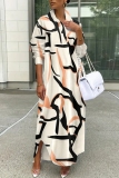 Black White Graphics Print Turndown Collar Long Sleeve Buttons Casual Vacation Maxi Shirt Dresses