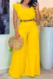 Yellow Square Neck Short Sleeve Ruffle Trim Crop Tops And Wide Leg Pants Vacation Casual Two Pieces Trouser Sets(Without Belt)