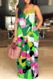 Black Gold Graphics Print Backless Spaghetti Strap Floor Length Vacation Baggy Plus Size Sundress Slip Maxi Dress