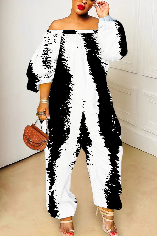 White Black Graphics Print Off Shoulder Long Sleeve Casual Vacation Harem Leg Jumpsuits