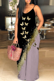 Black Gold Graphics Print Backless Spaghetti Strap Floor Length Vacation Baggy Plus Size Sundress Slip Maxi Dress