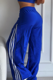 Blue Striped Print Zipper High Waist Casual Sportwear Wide Leg Sweatpants