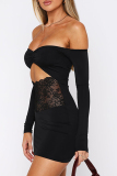 Black Off Shoulder Long Sleeve Hollow Out Night Club Lace Bodycon Mini Dresses