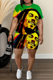 White Graphics Print O Neck Short Sleeve Oversize T Shirt and Shorts Sportwear Plus Size Two Piece Matching Set