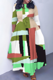 White Graphics Print O Neck 3/4 Sleeve Belted Pockets Long Vacation Casual Pleated A Line Maxi Dresses