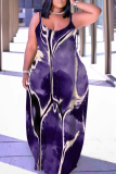 Purple Graphics Print Backless Spaghetti Strap Floor Length Vacation Baggy Plus Size Sundress Slip Maxi Dress