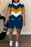 Dark Blue Graphics Print O Neck Short Sleeve Oversize T Shirt and Shorts Sportwear Plus Size Two Piece Matching Set