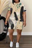 Brown Graphics Print O Neck Short Sleeve Oversize T Shirt and Shorts Sportwear Plus Size Two Piece Matching Set