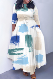 White Graphics Print O Neck 3/4 Sleeve Belted Pockets Long Vacation Casual Pleated A Line Maxi Dresses