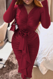 Dark Gray Flower Shape V Neck Long Sleeve Ruffle Trim Formal Evening Party Prom Ruched Bodycon Midi Dresses