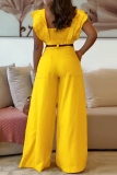 Yellow Square Neck Short Sleeve Ruffle Trim Crop Tops And Wide Leg Pants Vacation Casual Two Pieces Trouser Sets(Without Belt)