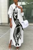 White Black Figure Print Turndown Collar Long Sleeve Buttons Casual Vacation Maxi Shirt Dresses