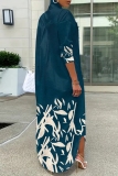 Yellow Graphics Print Turndown Collar Long Sleeve Buttons Casual Vacation Maxi Shirt Dresses