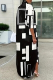 Black White Graphics Print Turndown Collar Long Sleeve Buttons Casual Vacation Maxi Shirt Dresses