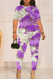 Pink Graphics Print O Neck Short Sleeve T-shirt And Skinny Pants Casual Two Pieces Trouser Sets