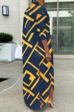 Yellow Graphics Print Turndown Collar Long Sleeve Buttons Casual Vacation Maxi Shirt Dresses