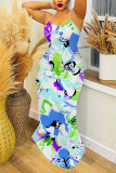 White Purple Graphics Print Sleeveless Backless Spaghetti Strap Casual Bodycon Maxi Slip Dresses