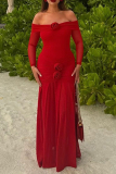 Red 3D Flower Shape Off Shoulder Long Sleeve Formal Evening Party Prom Wedding Guest Ruched Pleated Maxi Dresses