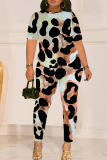 Pink Graphics Print O Neck Short Sleeve T-shirt And Skinny Pants Casual Two Pieces Trouser Sets