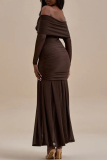 Red 3D Flower Shape Off Shoulder Long Sleeve Formal Evening Party Prom Wedding Guest Ruched Pleated Maxi Dresses